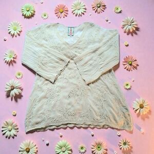 Johnny Was Landon Lace Cream Tunic Bell Sleeves Medium EUC 100% Rayon